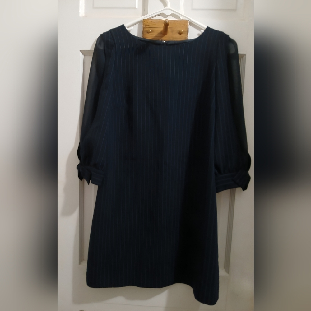 Apuweiser-riche Navy Pinstripe Mini Dress W/ Sheer Bishop Sleeves, 2
